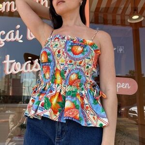 Damson Madder Marina Side-Tie Smocked Cami Top Orange Fruit Print 8